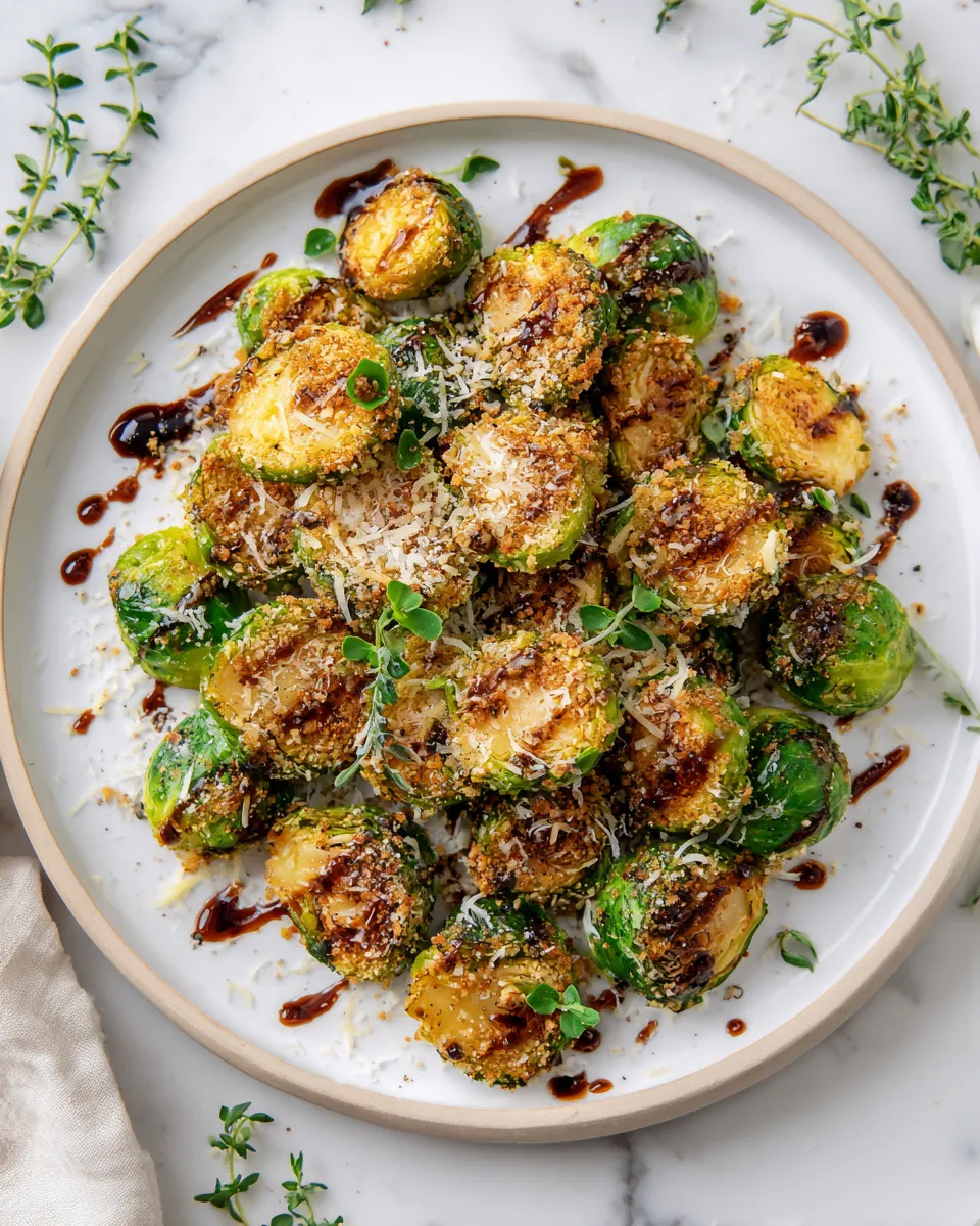 Air fryer Brussels sprouts, crispy and golden, seasoned with garlic and smoked paprika, perfect holiday side dish.
