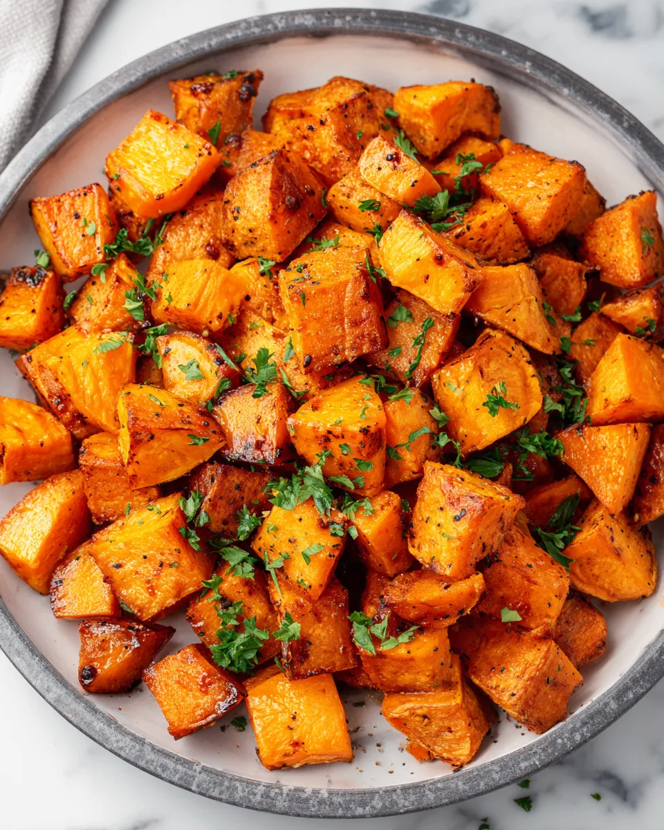 Crispy air fryer sweet potatoes served as a festive side dish, quick recipe, healthy holiday cooking.