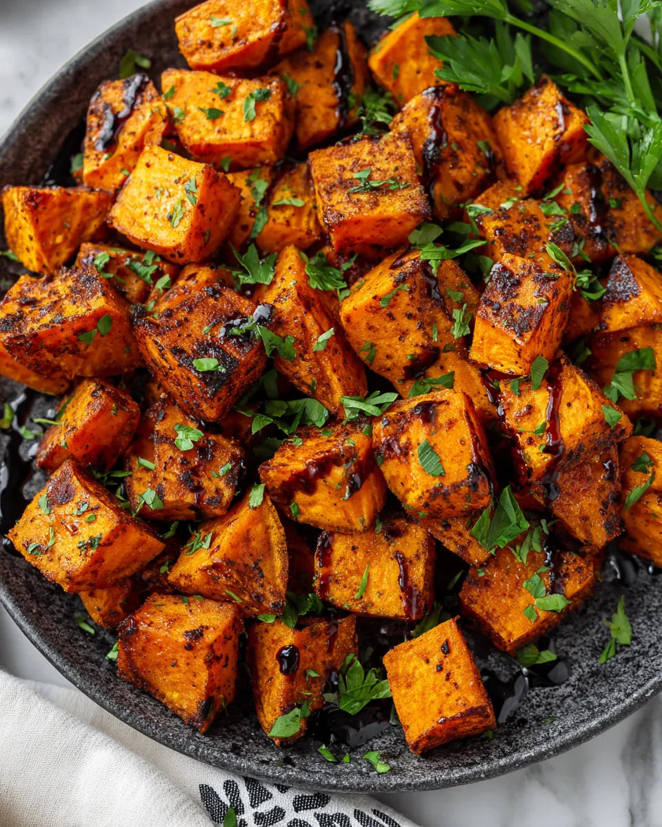 Crispy air fryer sweet potatoes served as a festive side dish, quick recipe, healthy holiday cooking.