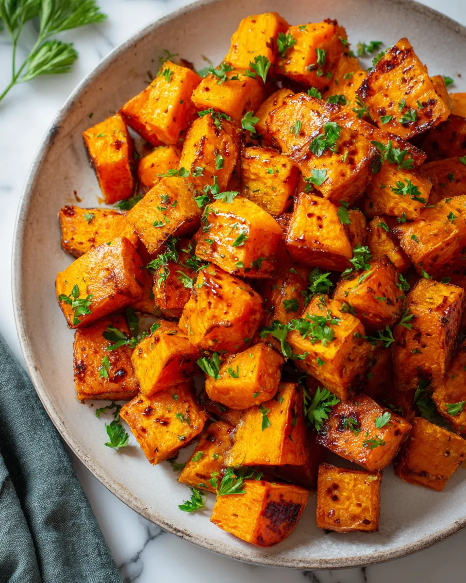 Crispy air fryer sweet potatoes served as a festive side dish, quick recipe, healthy holiday cooking.