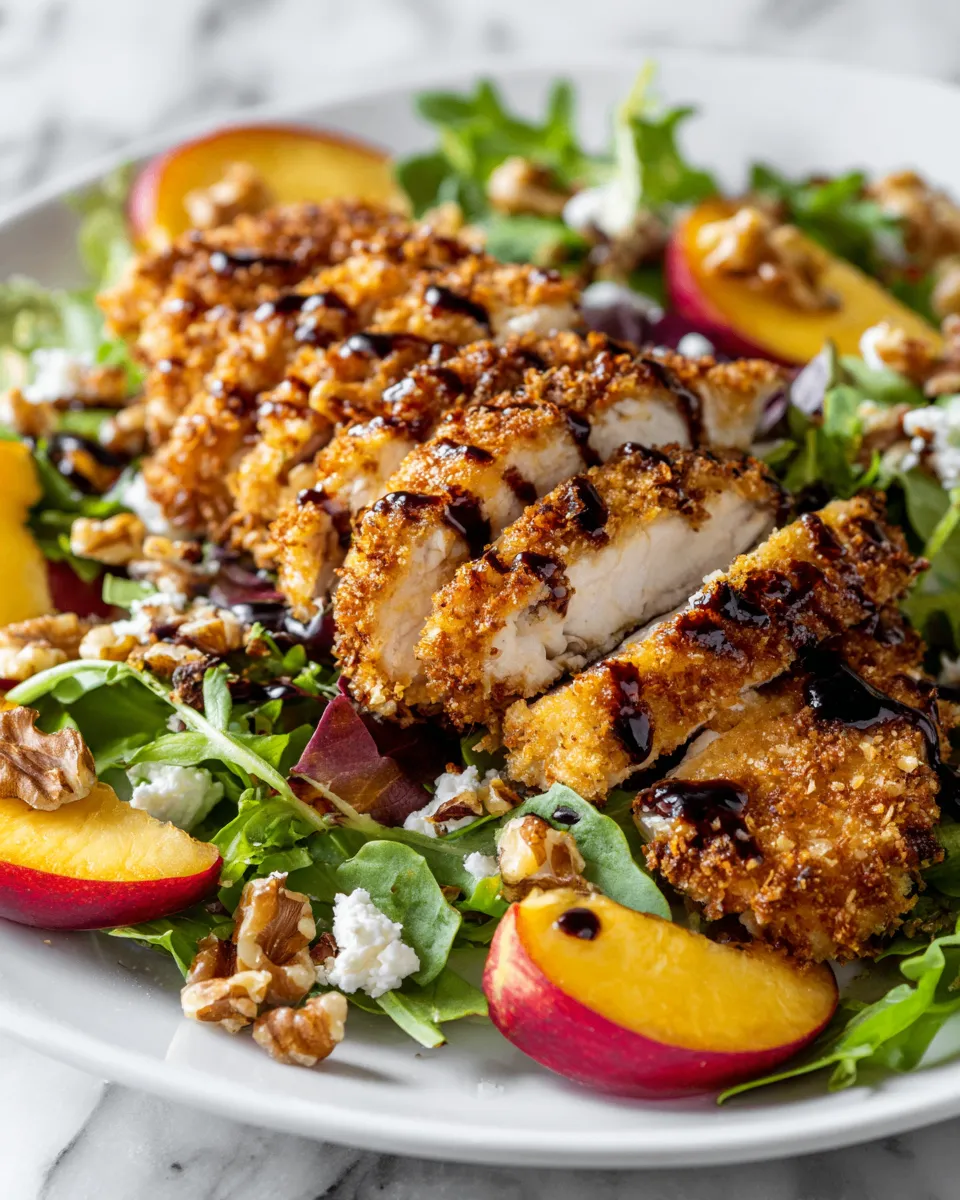 Delicious almond-crusted chicken served with fresh peach salad, a delightful autumn meal combining savory and sweet flavors.