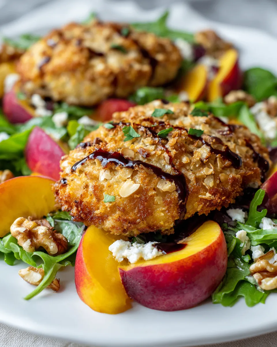 Delicious almond-crusted chicken served with fresh peach salad, a delightful autumn meal combining savory and sweet flavors.