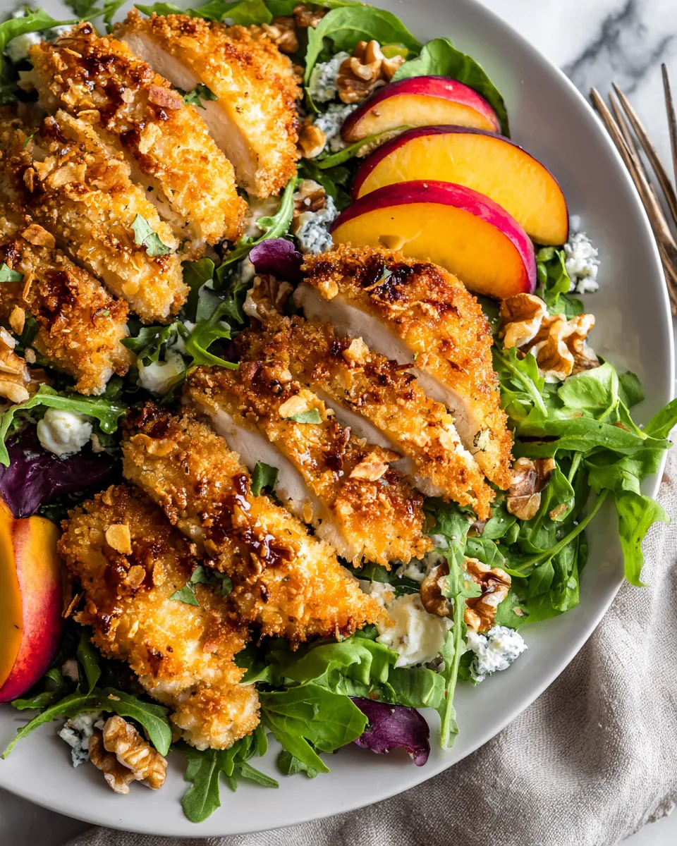 Delicious almond-crusted chicken served with fresh peach salad, a delightful autumn meal combining savory and sweet flavors.