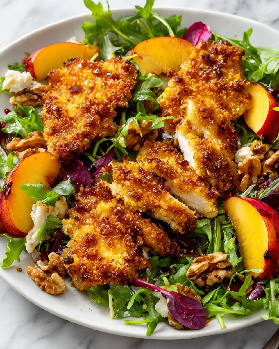 Delicious almond-crusted chicken served with fresh peach salad, a delightful autumn meal combining savory and sweet flavors.