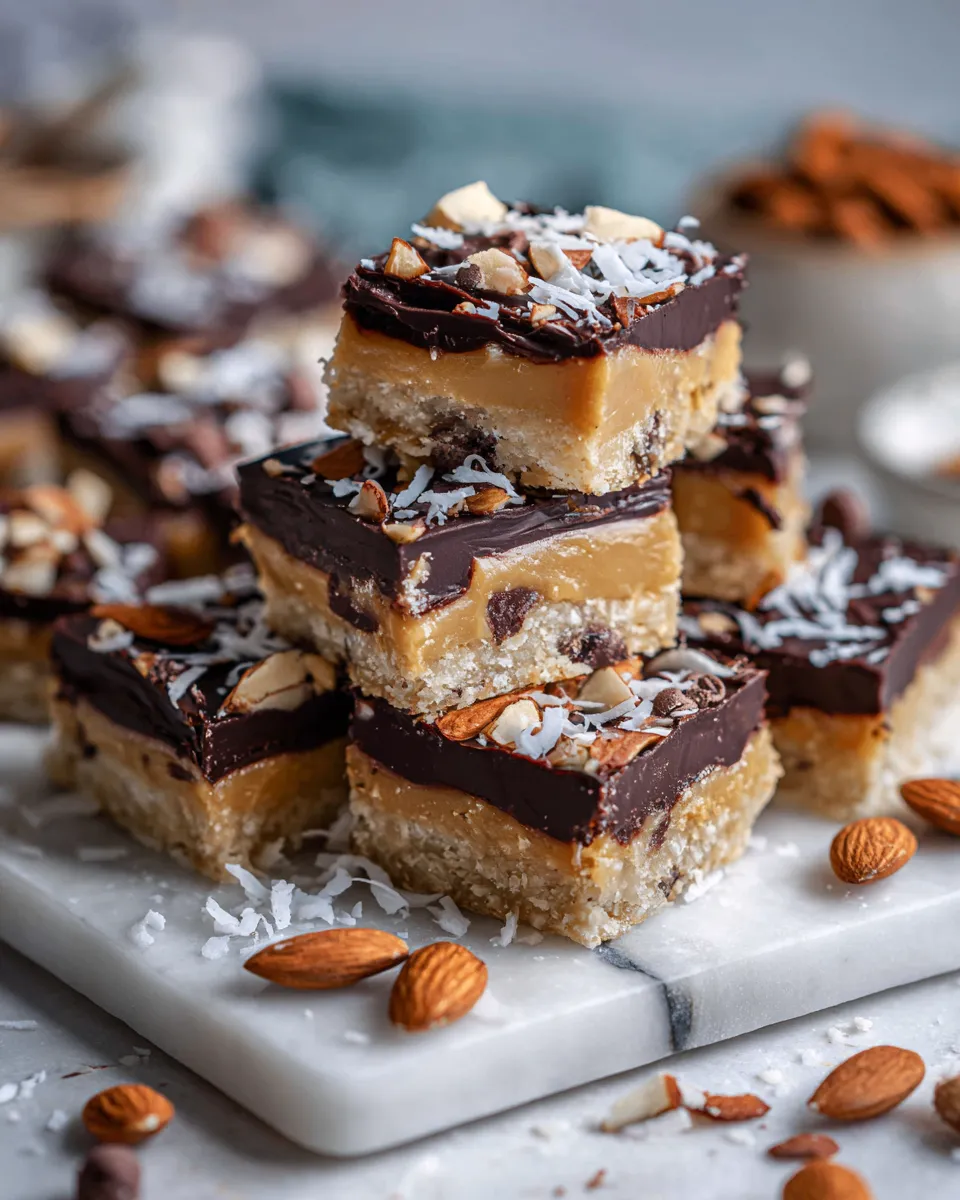 No-bake Almond Joy Cookie Dough Bars with almond butter, chocolate, and coconut, delicious dessert for holiday gatherings