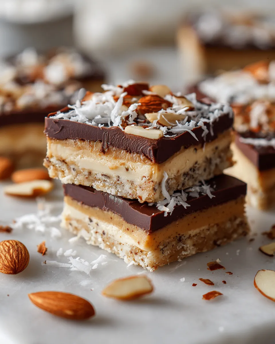 No-bake Almond Joy Cookie Dough Bars with almond butter, chocolate, and coconut, delicious dessert for holiday gatherings