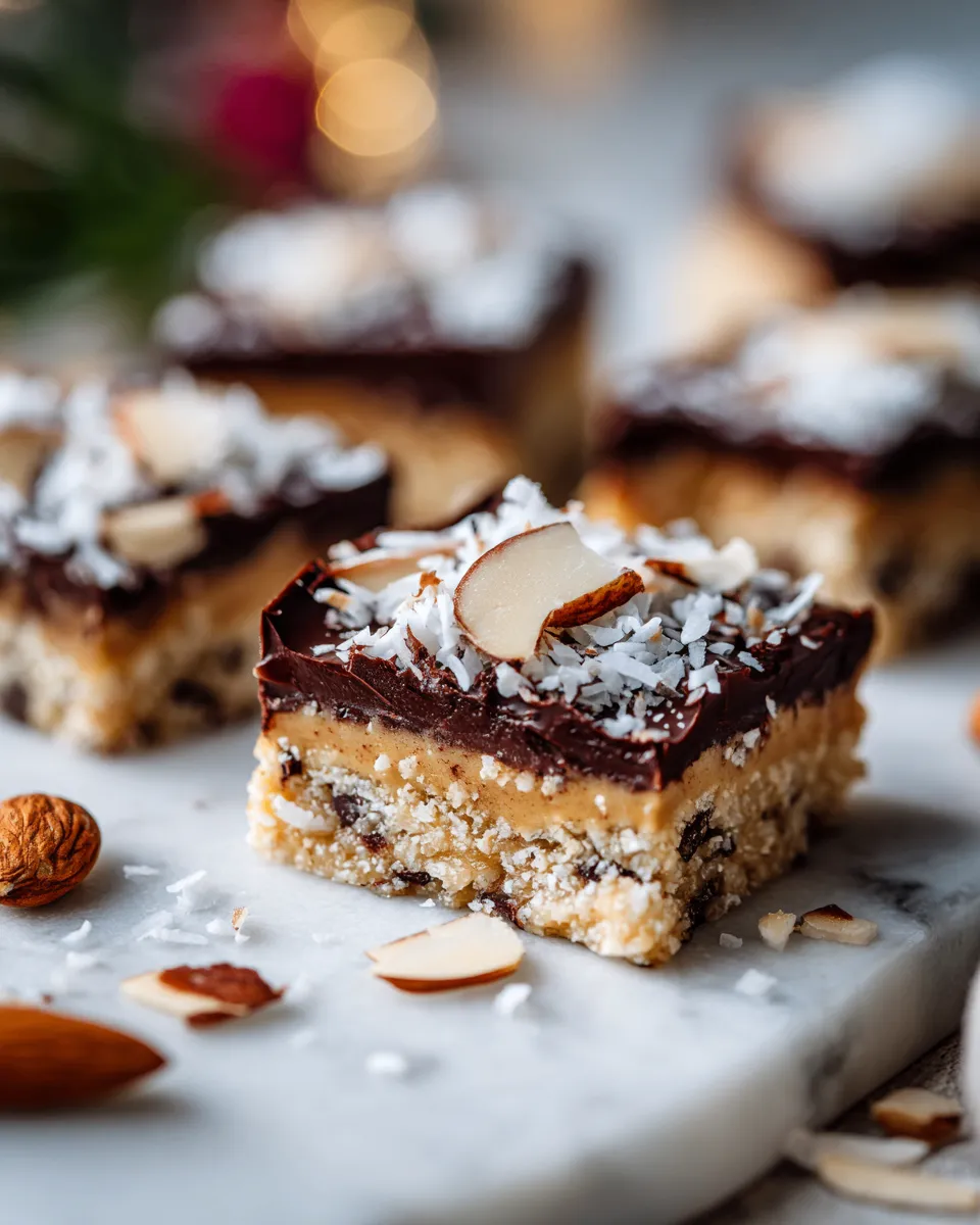 No-bake Almond Joy Cookie Dough Bars with almond butter, chocolate, and coconut, delicious dessert for holiday gatherings