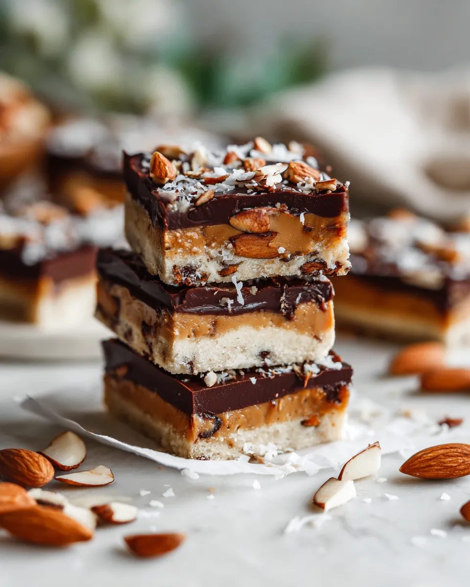 No-bake Almond Joy Cookie Dough Bars with almond butter, chocolate, and coconut, delicious dessert for holiday gatherings