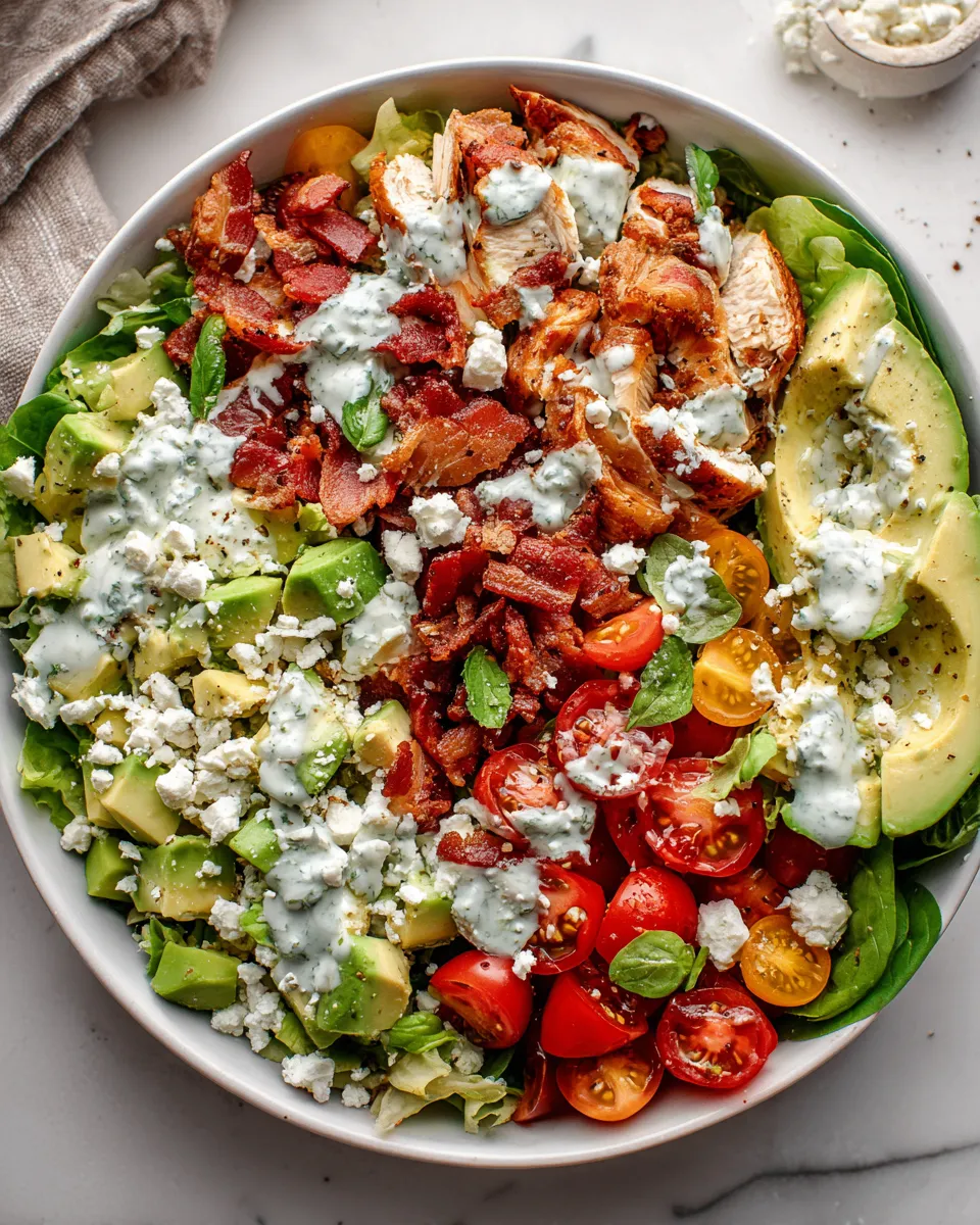Avocado chicken bacon chopped salad with creamy basil dressing, perfect for holiday gatherings, featuring fresh ingredients and vibrant colors.