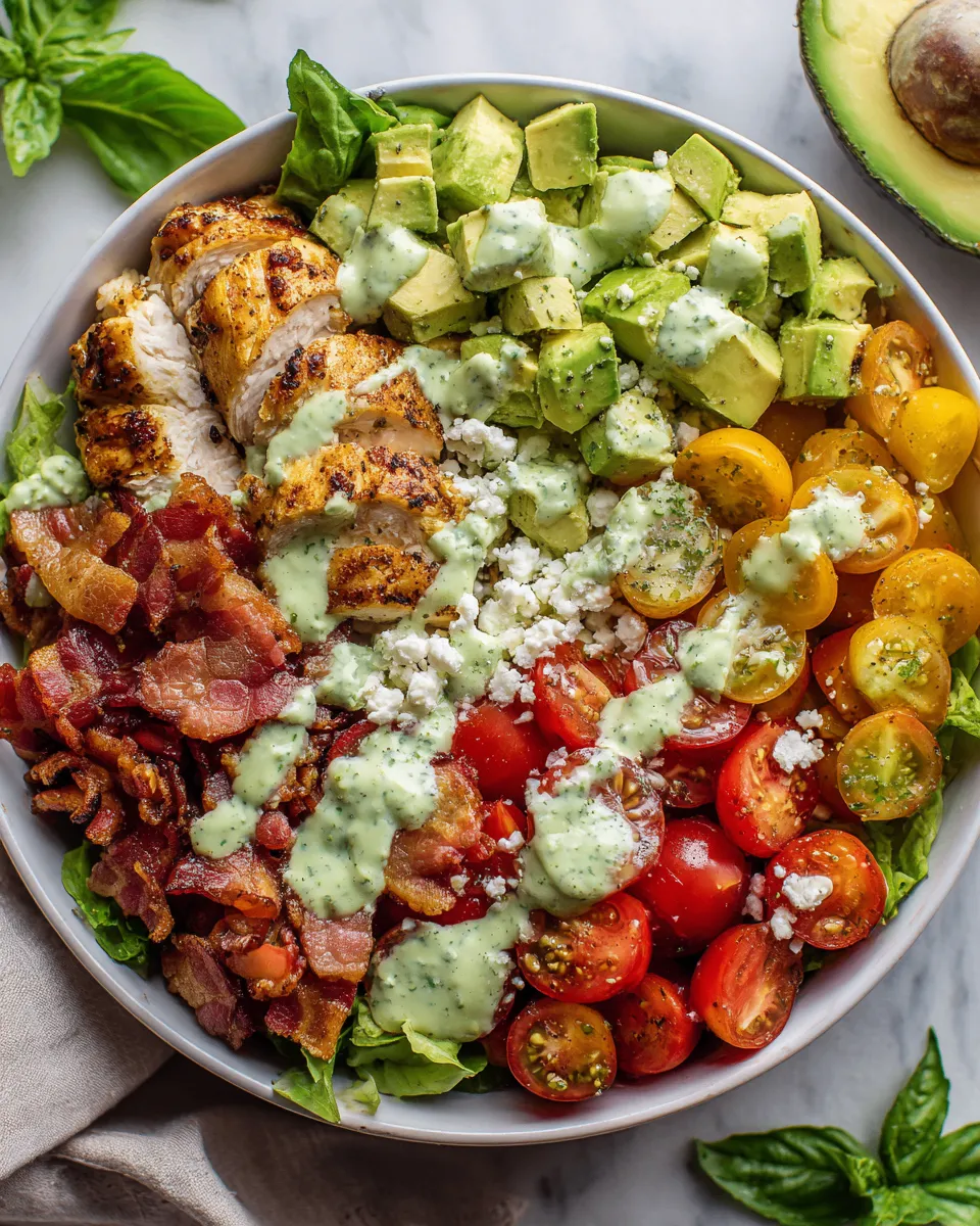 Avocado chicken bacon chopped salad with creamy basil dressing, perfect for holiday gatherings, featuring fresh ingredients and vibrant colors.