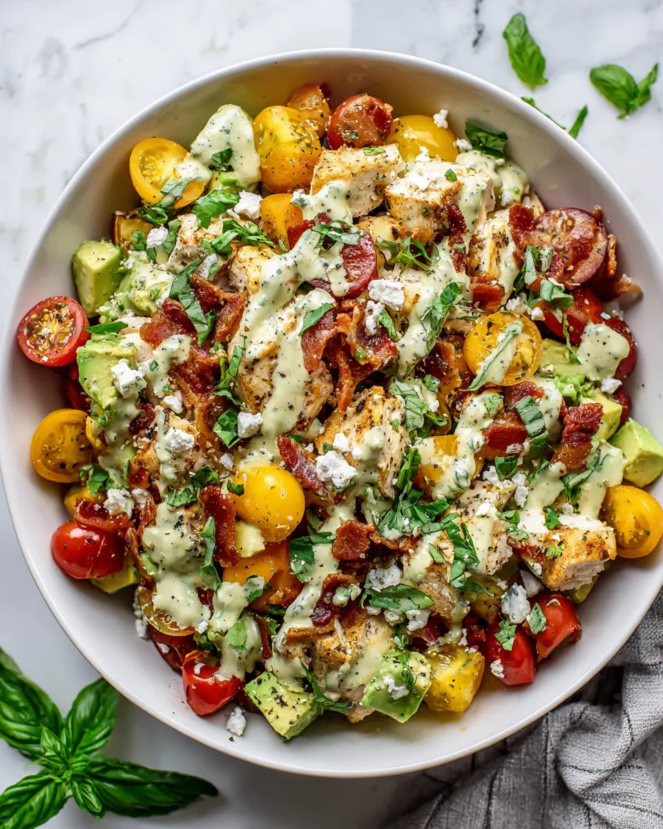Avocado chicken bacon chopped salad with creamy basil dressing, perfect for holiday gatherings, featuring fresh ingredients and vibrant colors.