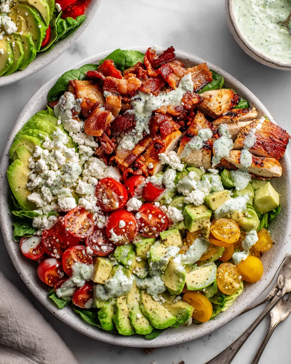 Avocado chicken bacon chopped salad with creamy basil dressing, perfect for holiday gatherings, featuring fresh ingredients and vibrant colors.