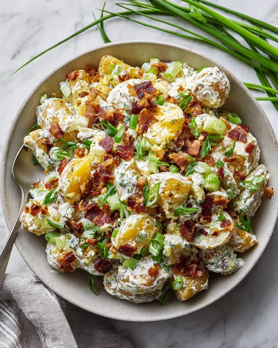 Creamy Bacon Ranch Potato Salad with Yukon Gold potatoes and crispy bacon, perfect for holiday celebrations and gatherings