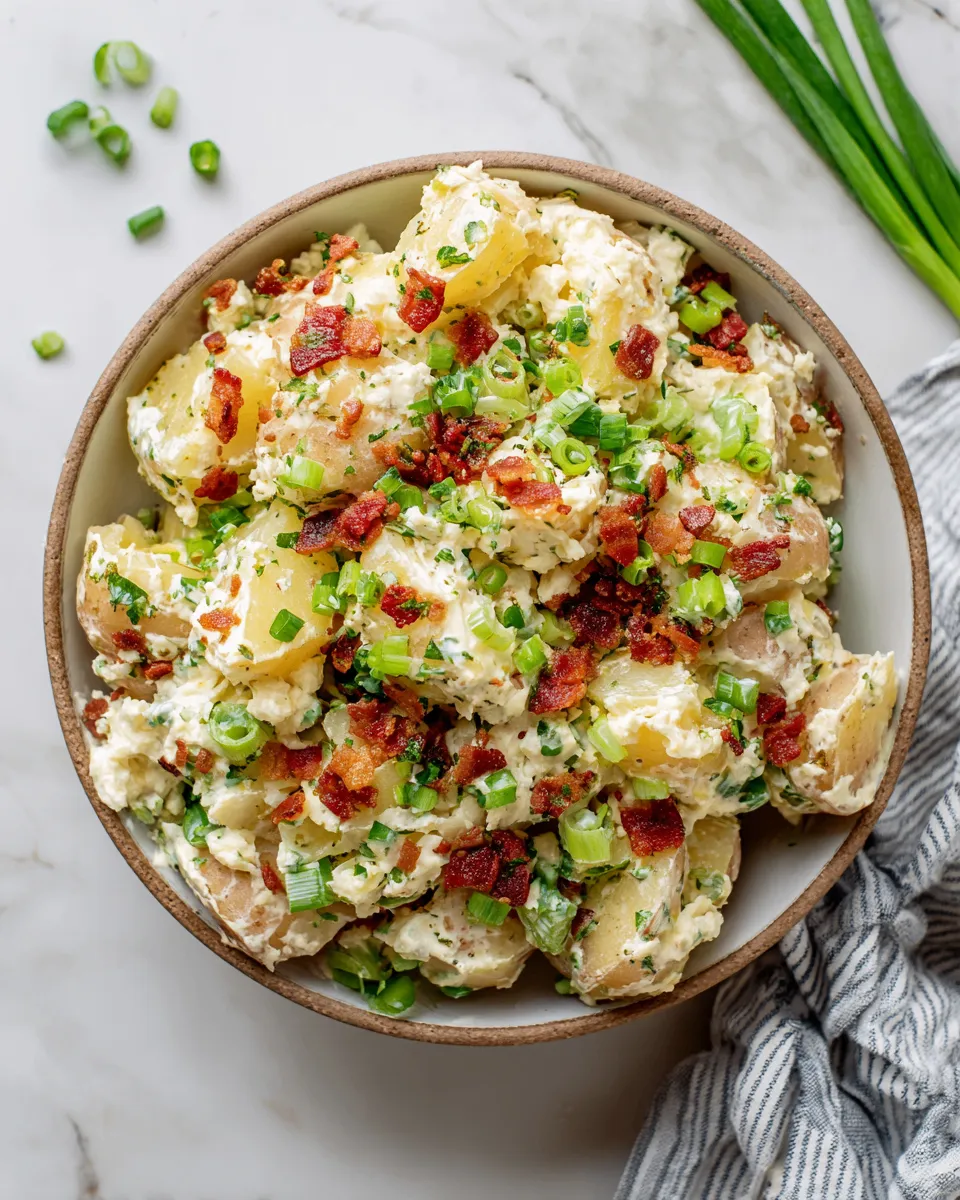 Creamy Bacon Ranch Potato Salad with Yukon Gold potatoes and crispy bacon, perfect for holiday celebrations and gatherings