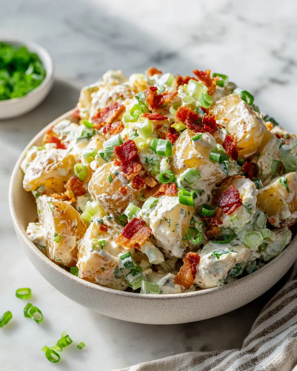 Creamy Bacon Ranch Potato Salad with Yukon Gold potatoes and crispy bacon, perfect for holiday celebrations and gatherings