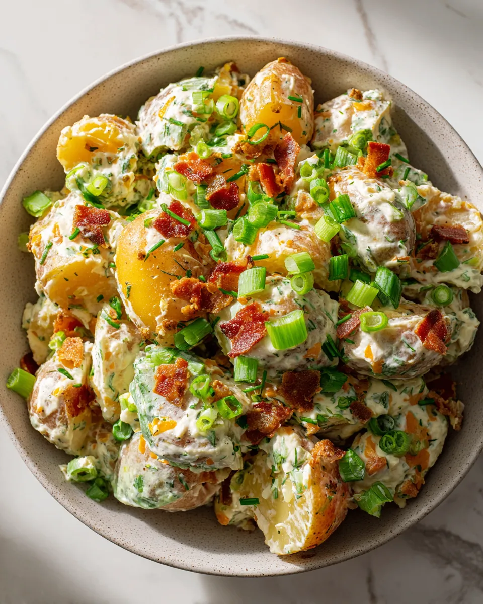 Creamy Bacon Ranch Potato Salad with Yukon Gold potatoes and crispy bacon, perfect for holiday celebrations and gatherings