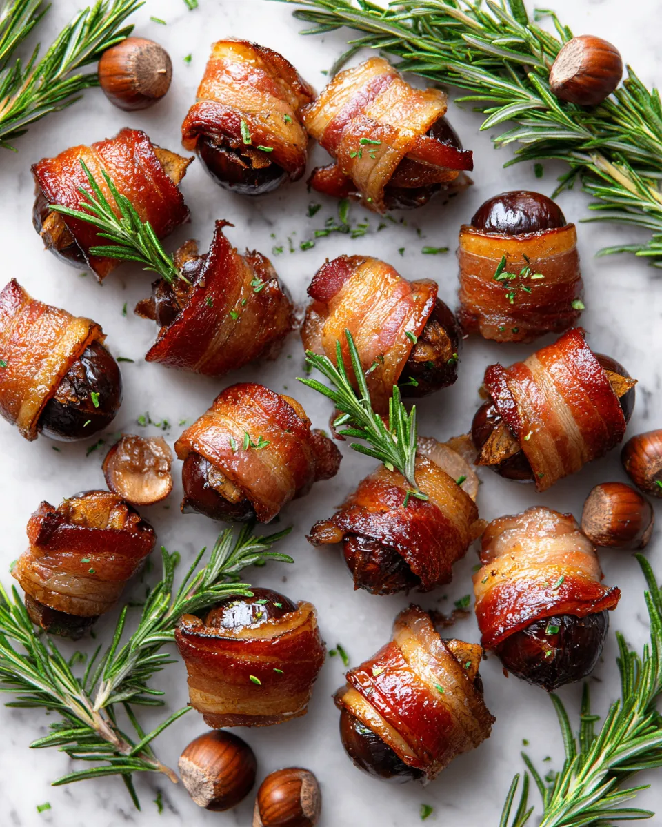 Bacon-wrapped chestnuts recipe for holiday gatherings, featuring crispy bacon and sweet chestnuts, an irresistible appetizer.