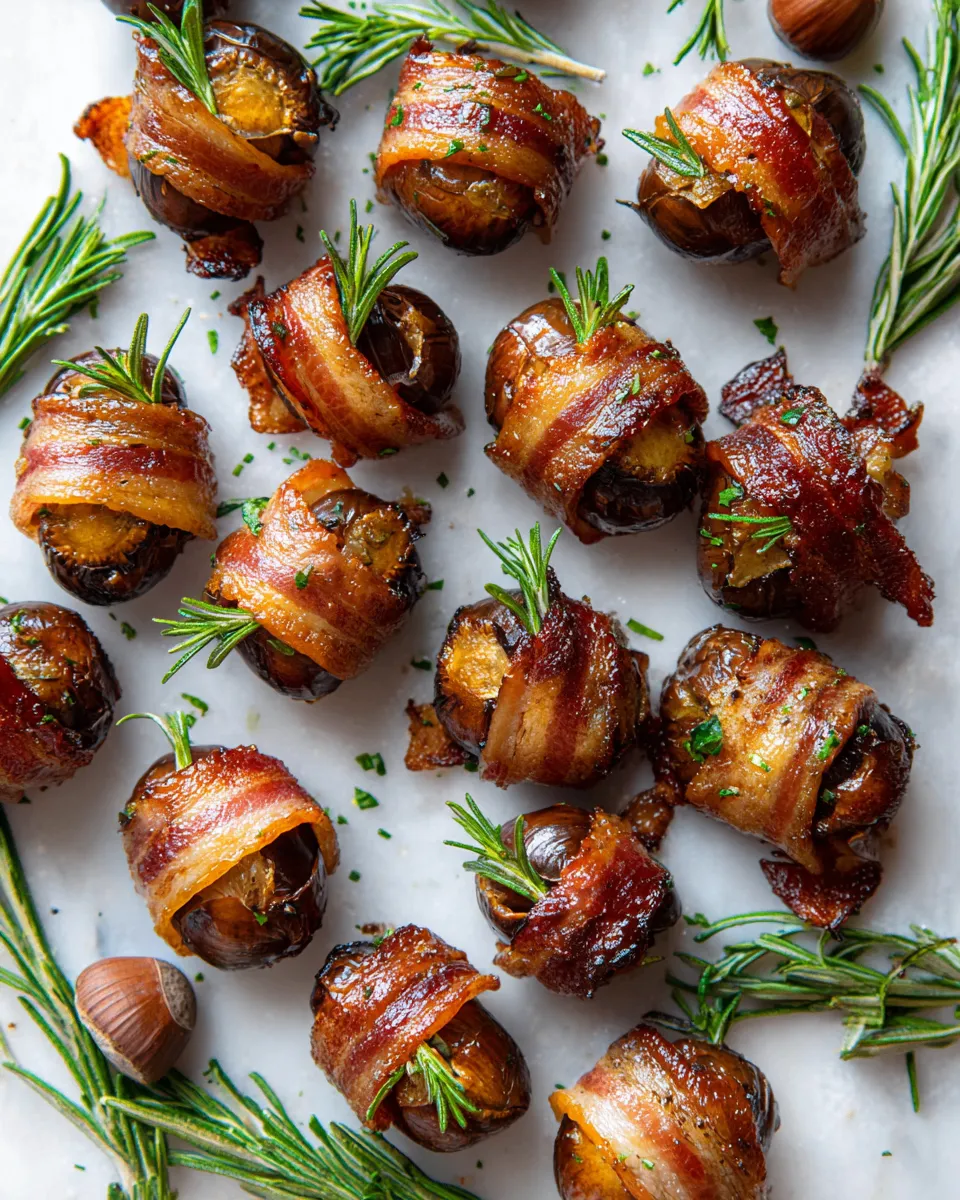 Bacon-wrapped chestnuts recipe for holiday gatherings, featuring crispy bacon and sweet chestnuts, an irresistible appetizer.