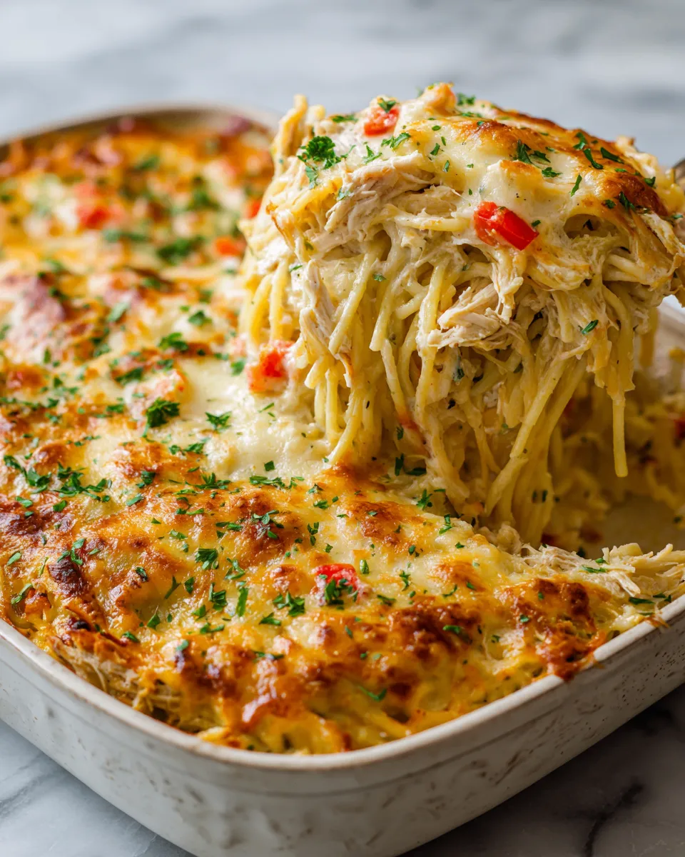 Creamy Baked Chicken Spaghetti with cheese and chicken, perfect comfort food for gatherings