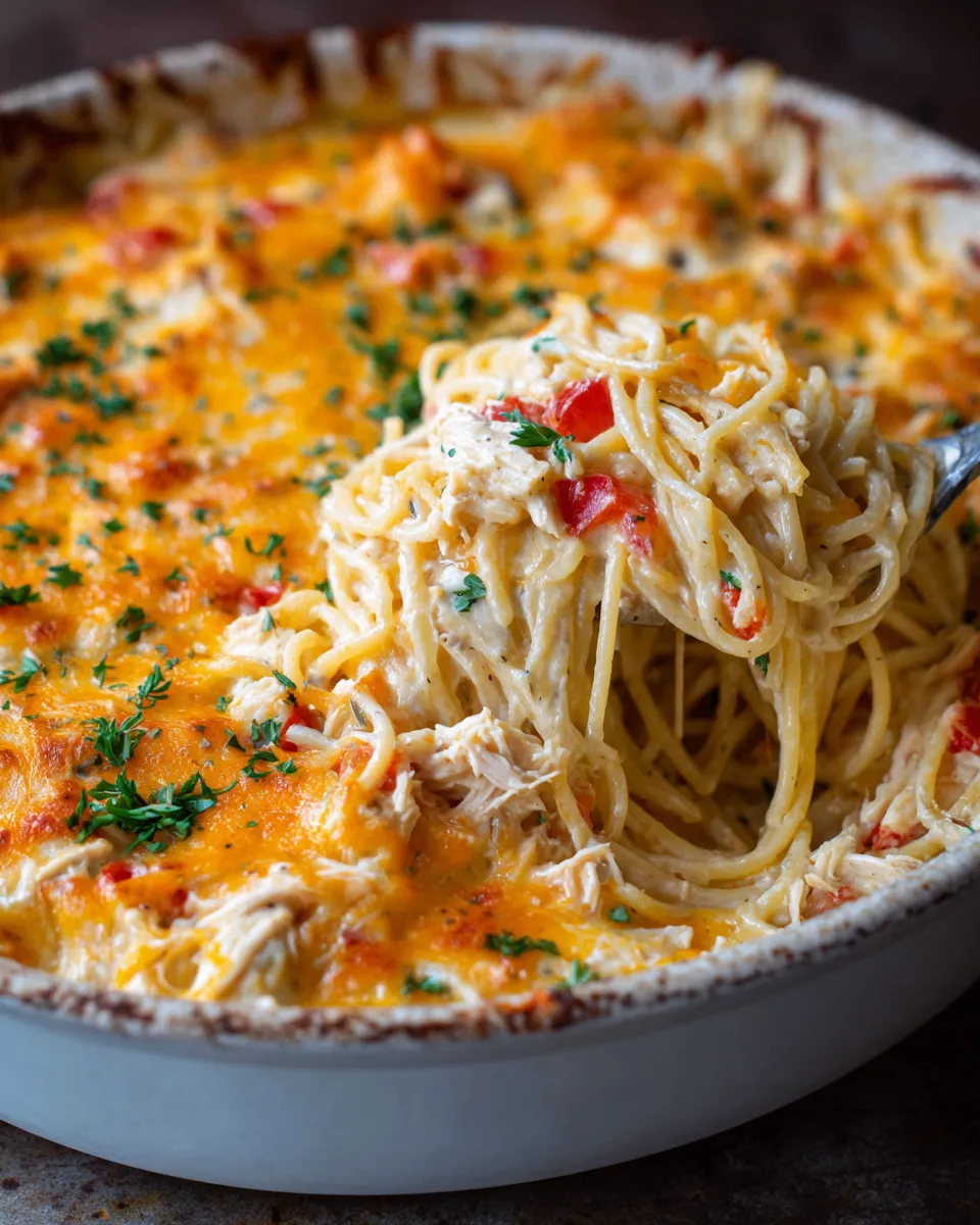 Creamy Baked Chicken Spaghetti with cheese and chicken, perfect comfort food for gatherings