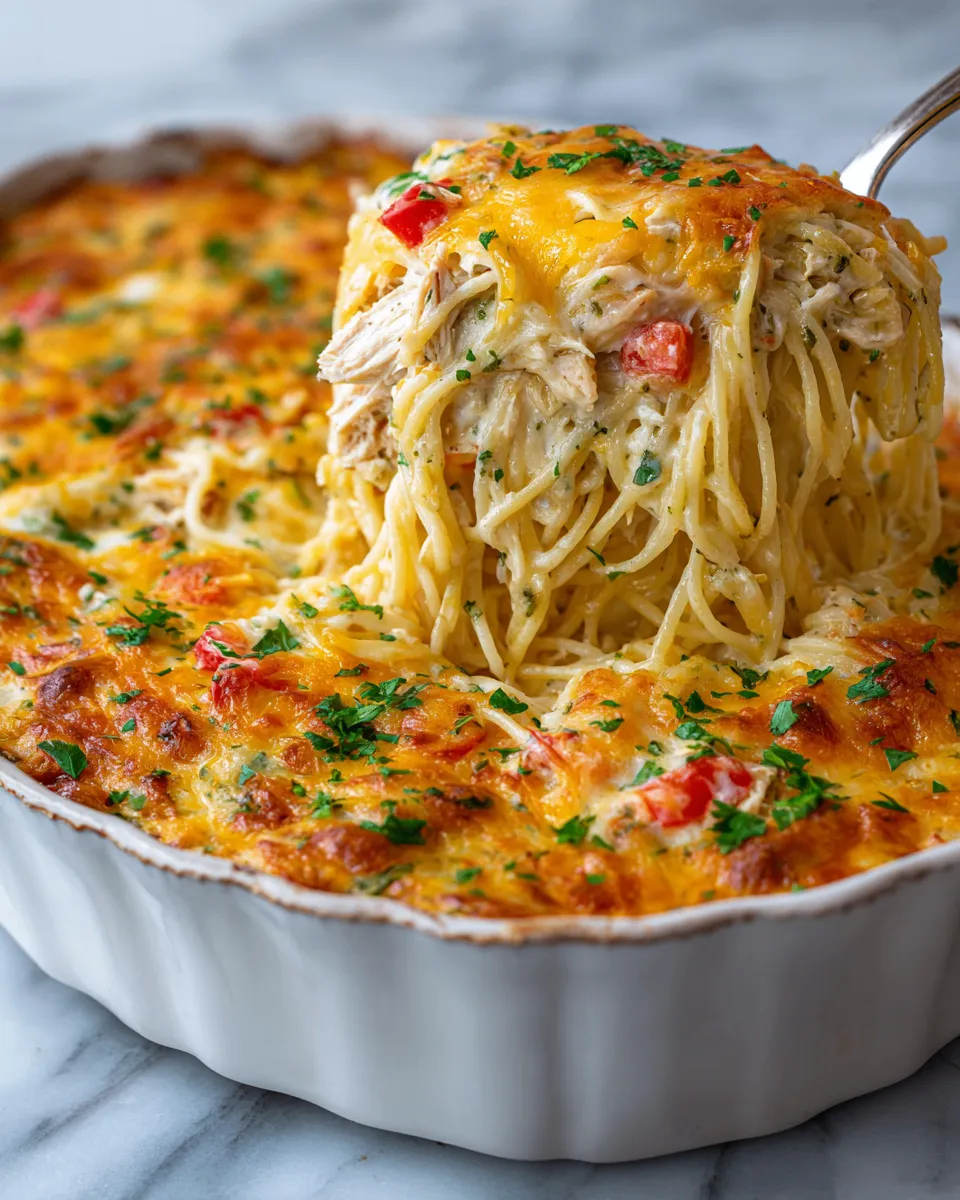 Creamy Baked Chicken Spaghetti with cheese and chicken, perfect comfort food for gatherings