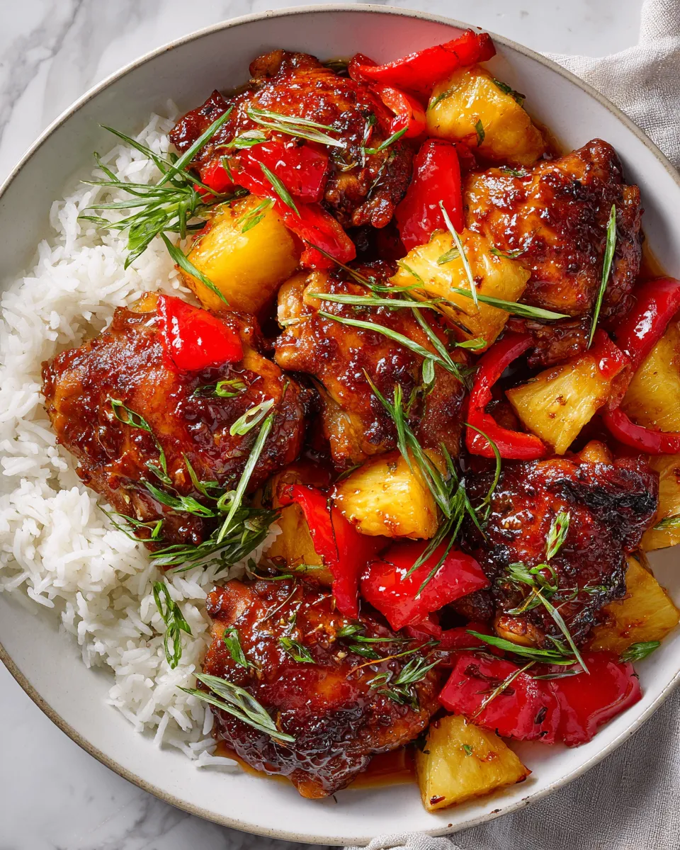 Baked Sweet Hawaiian Chicken with vibrant bell peppers and pineapple, a festive recipe for family gatherings and holidays.