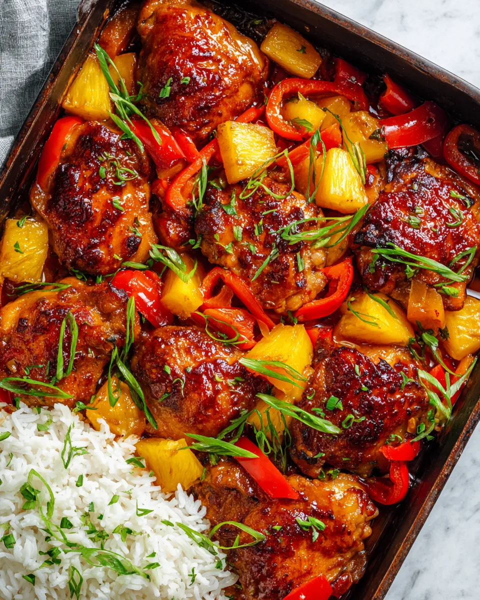 Baked Sweet Hawaiian Chicken with vibrant bell peppers and pineapple, a festive recipe for family gatherings and holidays.