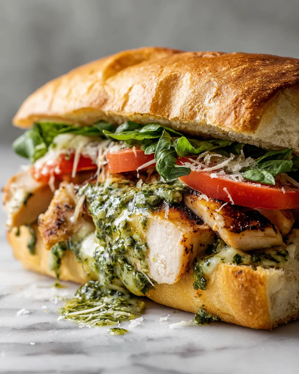 Basil Pesto Chicken Sandwich with arugula and tomatoes on ciabatta, ready in 30 minutes, perfect for holiday gatherings.