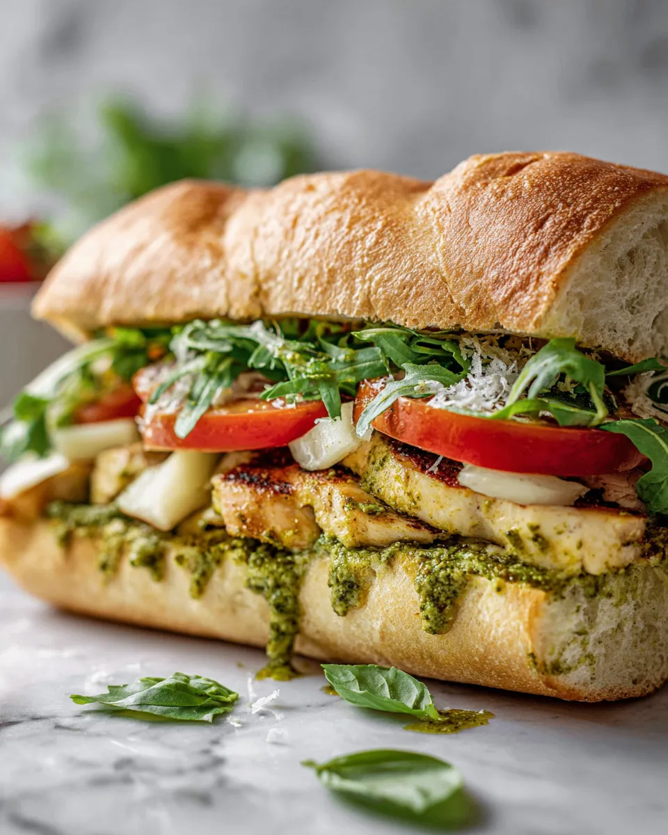 Basil Pesto Chicken Sandwich with arugula and tomatoes on ciabatta, ready in 30 minutes, perfect for holiday gatherings.