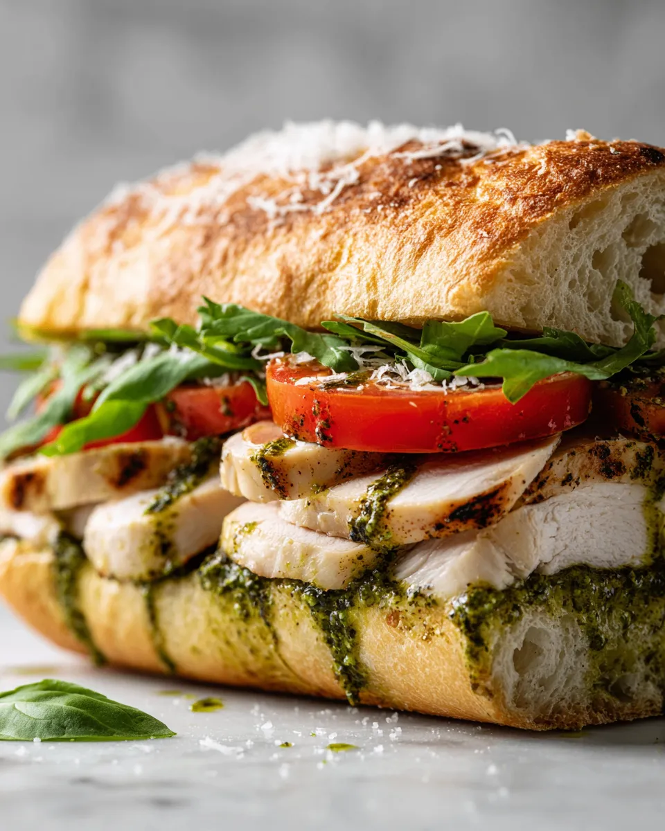 Basil Pesto Chicken Sandwich with arugula and tomatoes on ciabatta, ready in 30 minutes, perfect for holiday gatherings.
