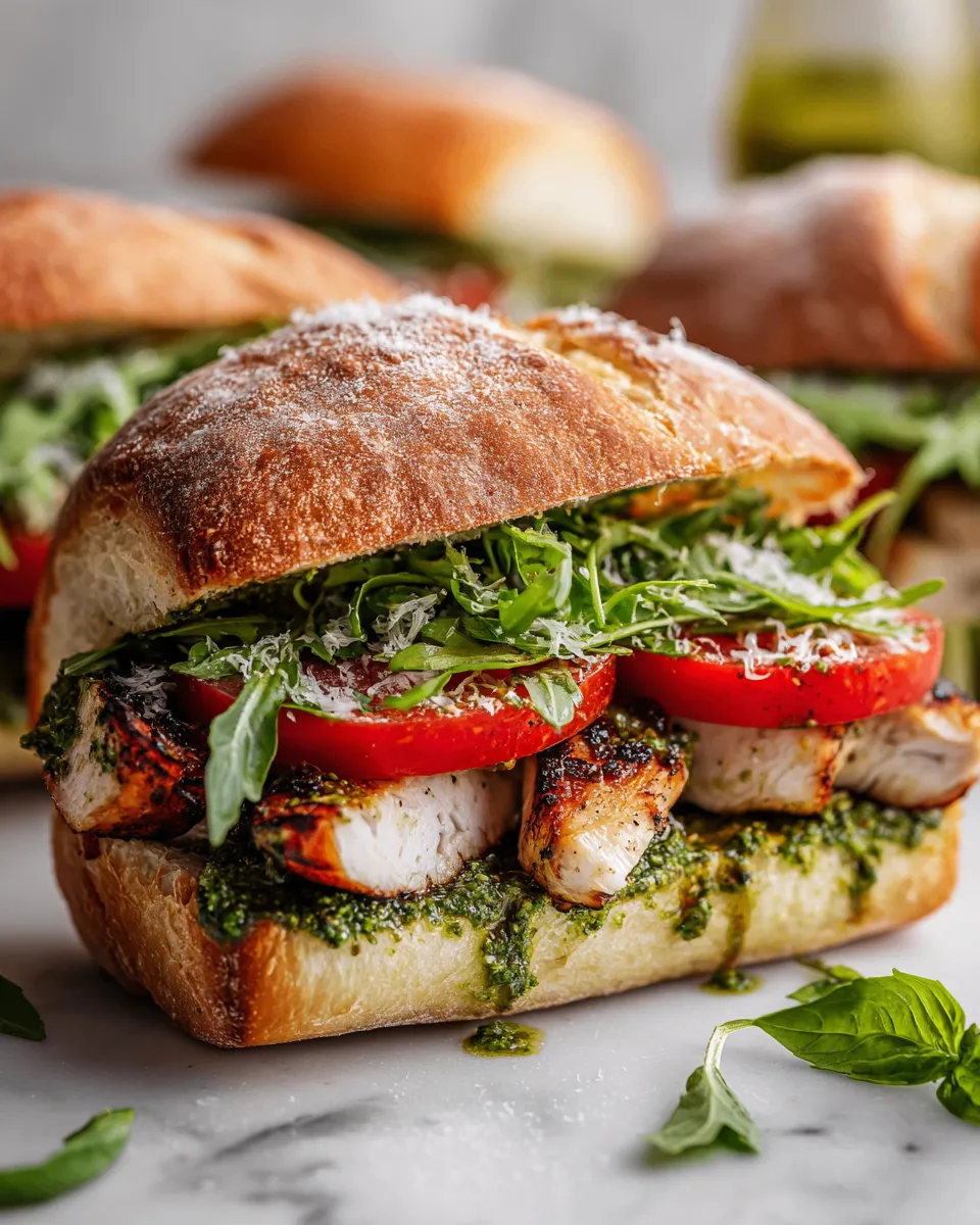 Basil Pesto Chicken Sandwich with arugula and tomatoes on ciabatta, ready in 30 minutes, perfect for holiday gatherings.