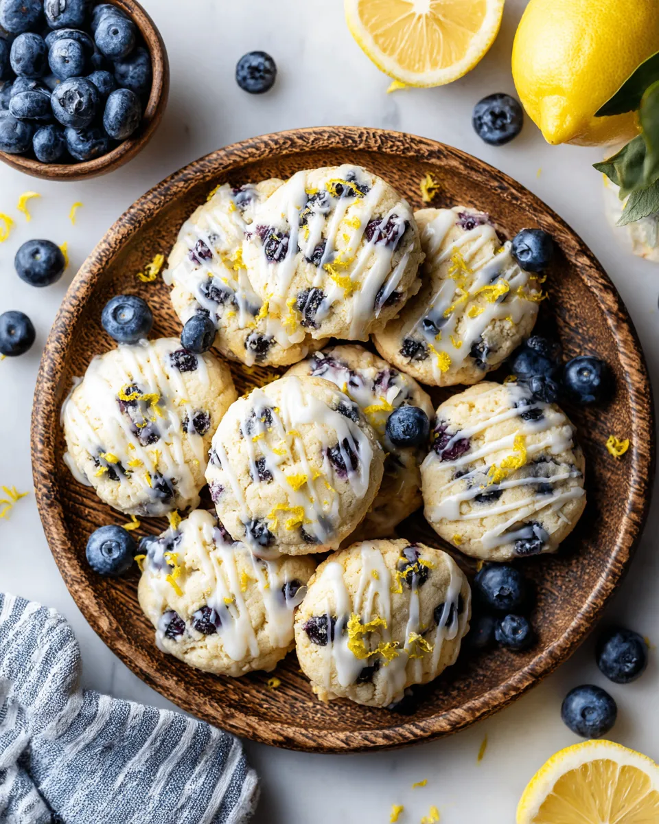 Soft blueberry cream cheese cookies topped with tangy lemon glaze, perfect for holiday treats