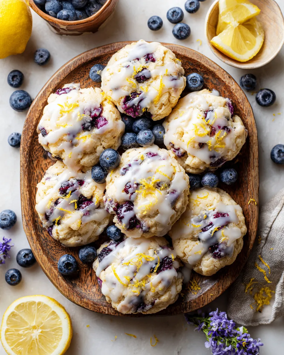 Soft blueberry cream cheese cookies topped with tangy lemon glaze, perfect for holiday treats