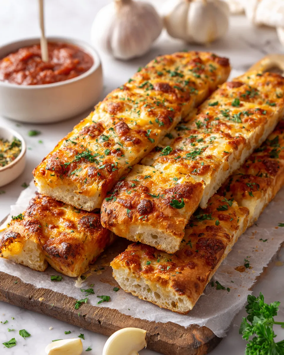 Delicious cheesy cheddar garlic breadsticks - perfect warm appetizer for holiday gatherings! Quick baking recipe, ready in 30 minutes.