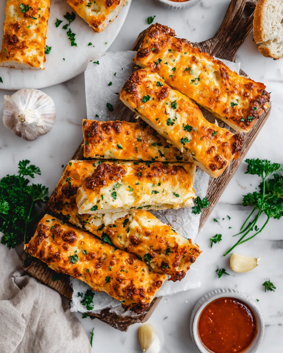 Delicious cheesy cheddar garlic breadsticks - perfect warm appetizer for holiday gatherings! Quick baking recipe, ready in 30 minutes.