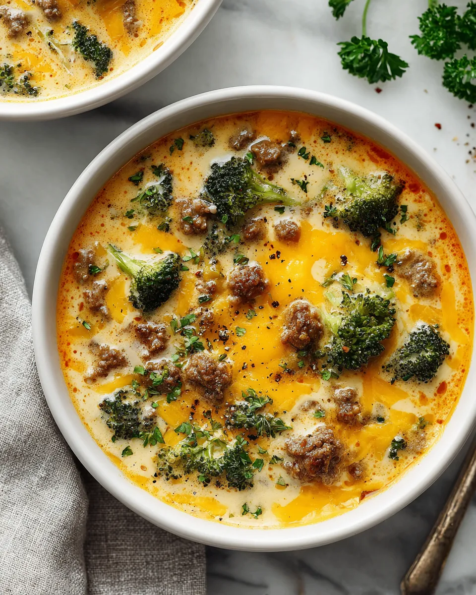 Cheeseburger broccoli soup with ground beef and cheese perfect for cozy nights