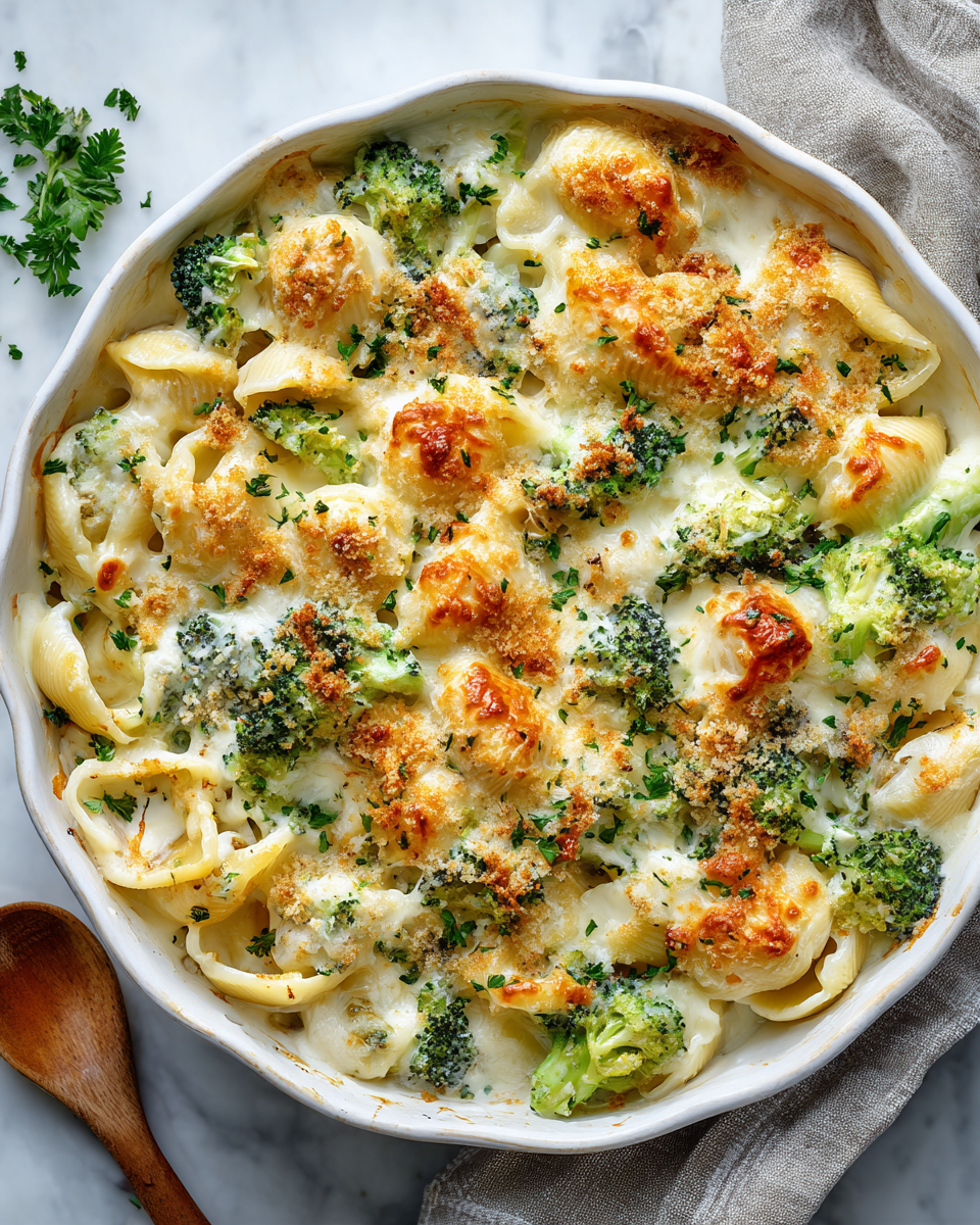 Cheesy Chicken Broccoli Shells casserole, a creamy and comforting dish, perfect for winter meals and family gatherings.