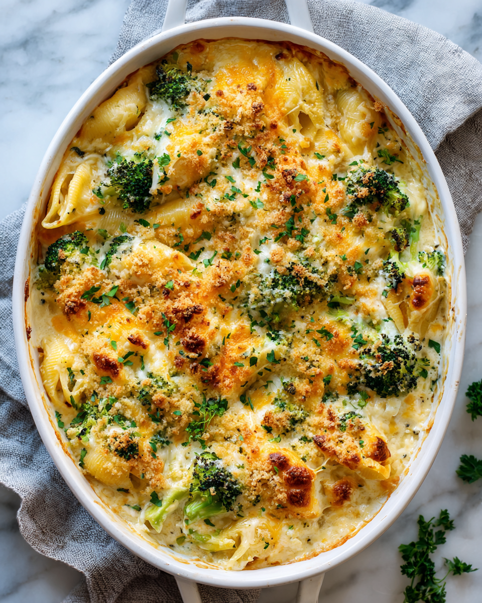 Cheesy Chicken Broccoli Shells casserole, a creamy and comforting dish, perfect for winter meals and family gatherings.