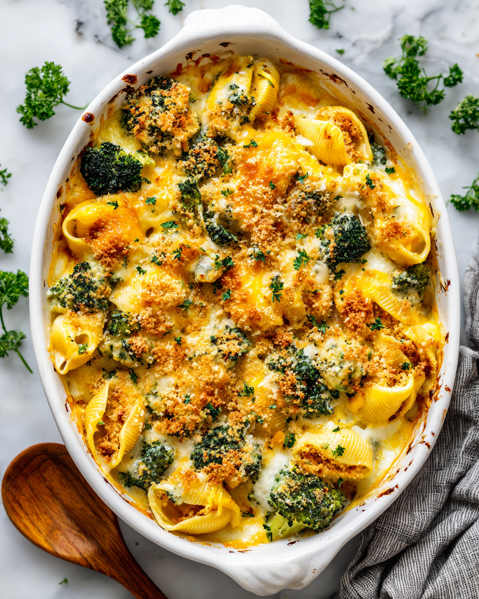 Cheesy Chicken Broccoli Shells casserole, a creamy and comforting dish, perfect for winter meals and family gatherings.