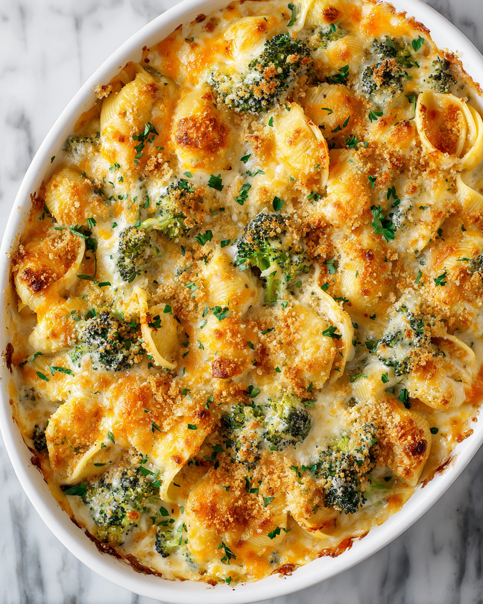 Cheesy Chicken Broccoli Shells casserole, a creamy and comforting dish, perfect for winter meals and family gatherings.