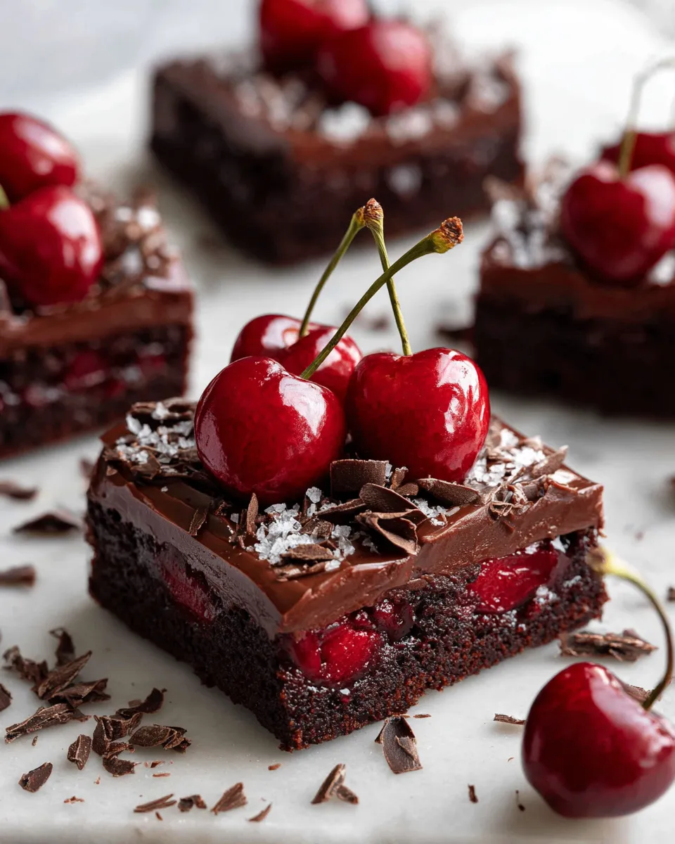 Cherry Chocolate Sheet Cake topped with cherries and chocolate frosting for a festive holiday dessert.