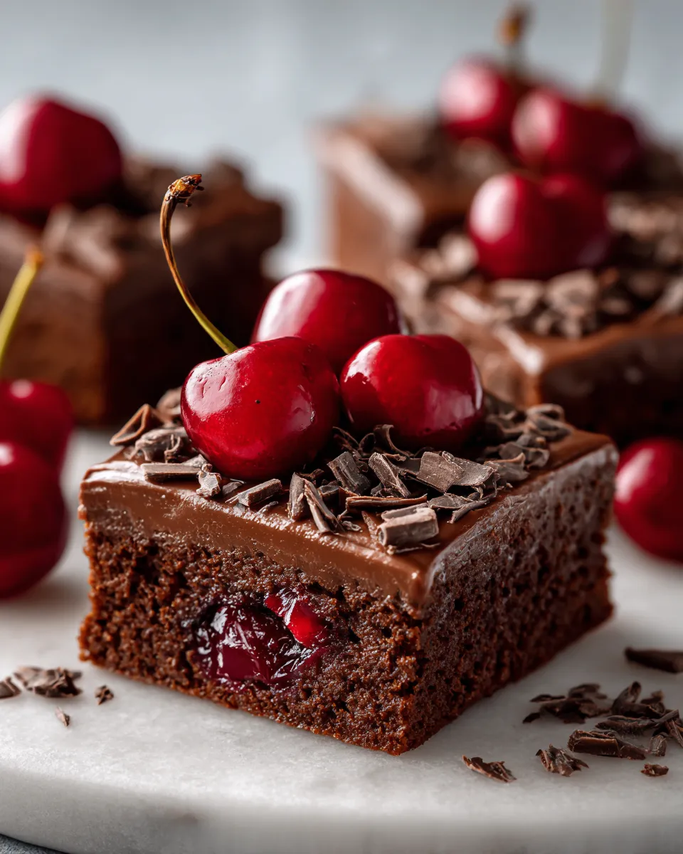 Cherry Chocolate Sheet Cake topped with cherries and chocolate frosting for a festive holiday dessert.