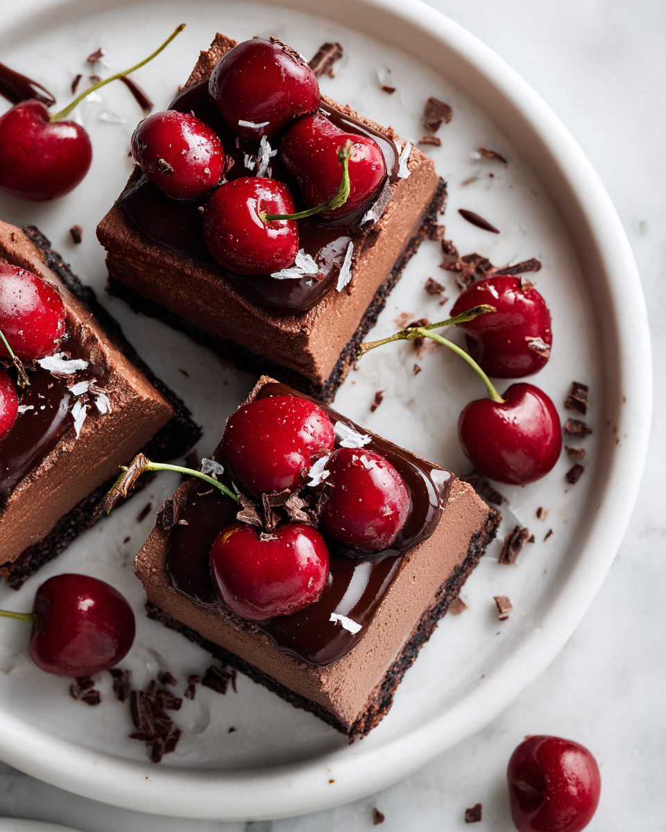 Delicious no-bake Chocolate Cherry Mousse Bars with a chocolate crust and tart cherry topping, ideal for festive celebrations and gatherings.