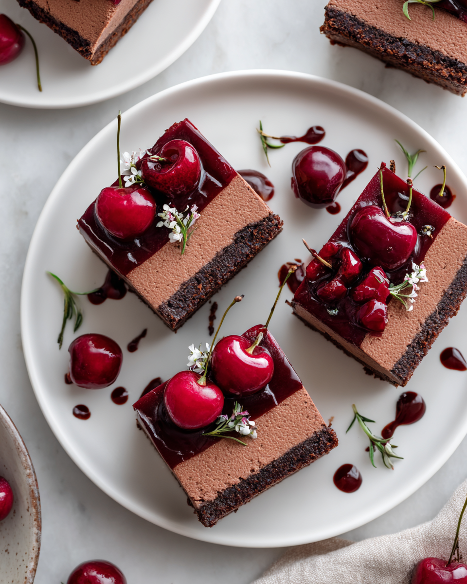 Delicious no-bake Chocolate Cherry Mousse Bars with a chocolate crust and tart cherry topping, ideal for festive celebrations and gatherings.