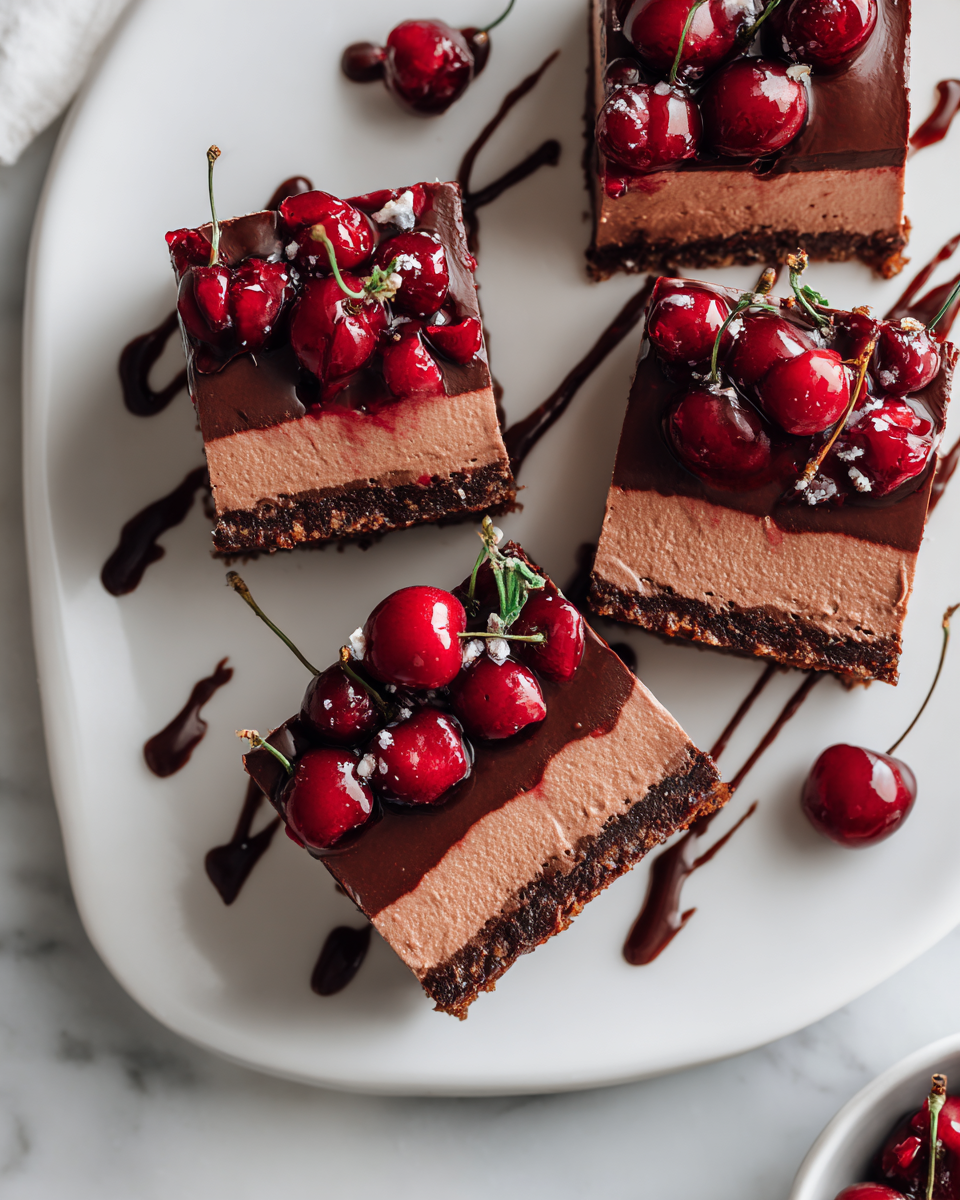 Delicious no-bake Chocolate Cherry Mousse Bars with a chocolate crust and tart cherry topping, ideal for festive celebrations and gatherings.