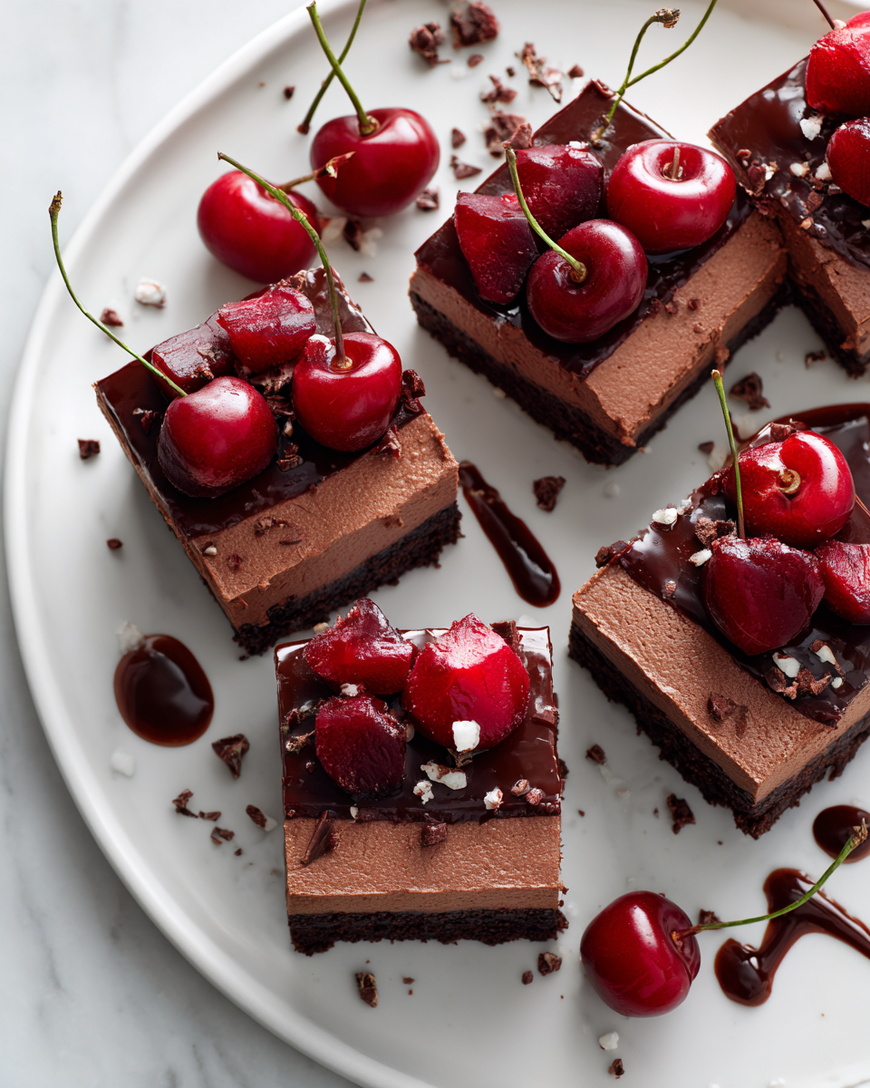 Delicious no-bake Chocolate Cherry Mousse Bars with a chocolate crust and tart cherry topping, ideal for festive celebrations and gatherings.