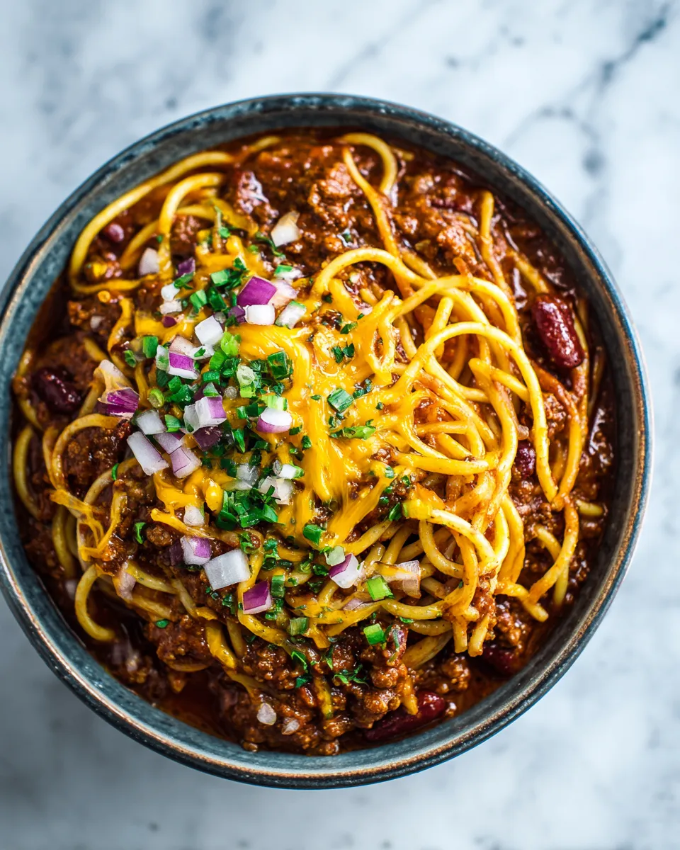 Delicious Cincinnati Chili served over spaghetti with cheese and onions, perfect for cozy gatherings and holiday meals.