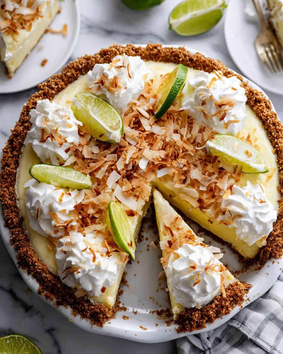 Coconut Key Lime Pie with a graham cracker crust garnished with whipped cream and lime wedges, perfect holiday dessert