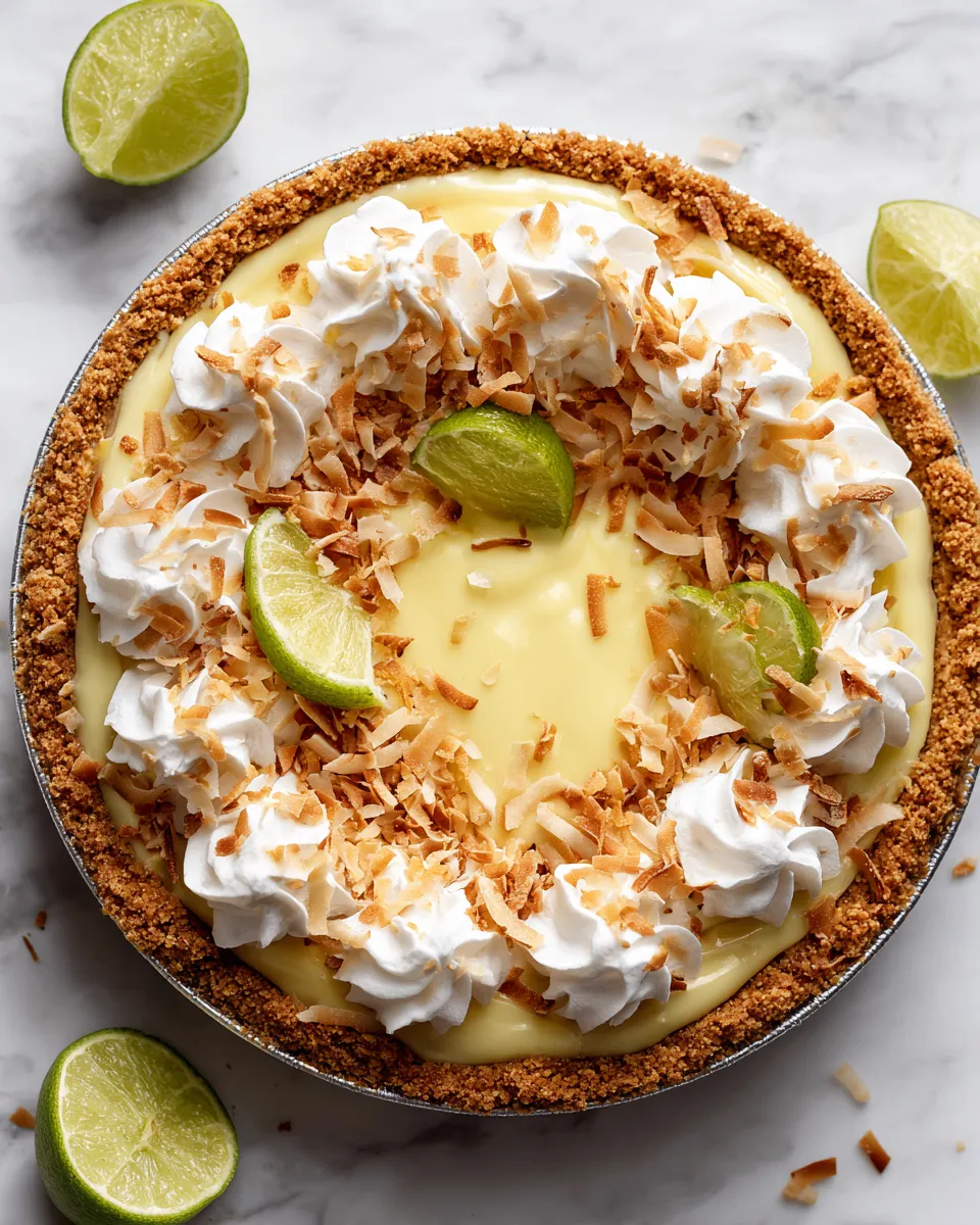 Coconut Key Lime Pie with a graham cracker crust garnished with whipped cream and lime wedges, perfect holiday dessert