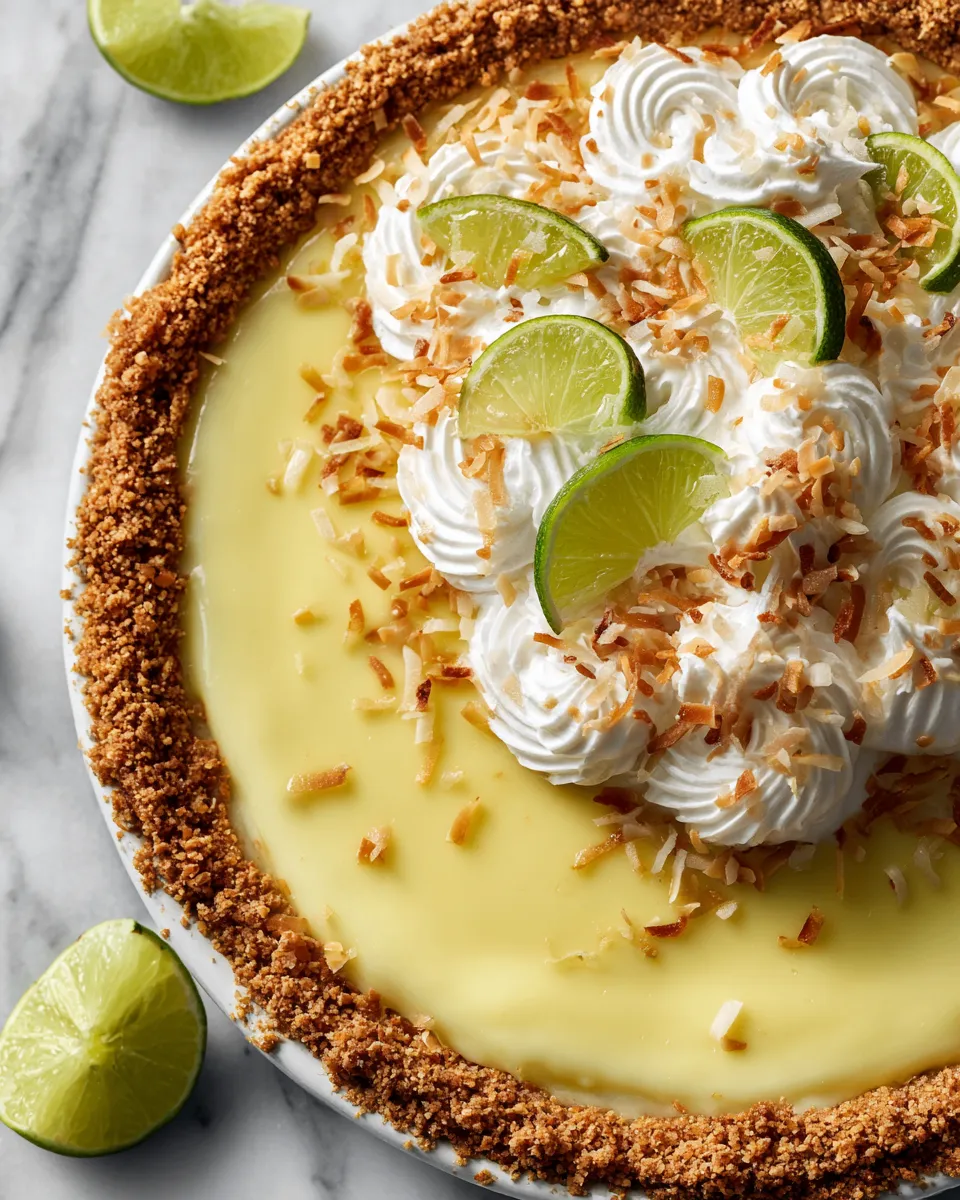Coconut Key Lime Pie with a graham cracker crust garnished with whipped cream and lime wedges, perfect holiday dessert